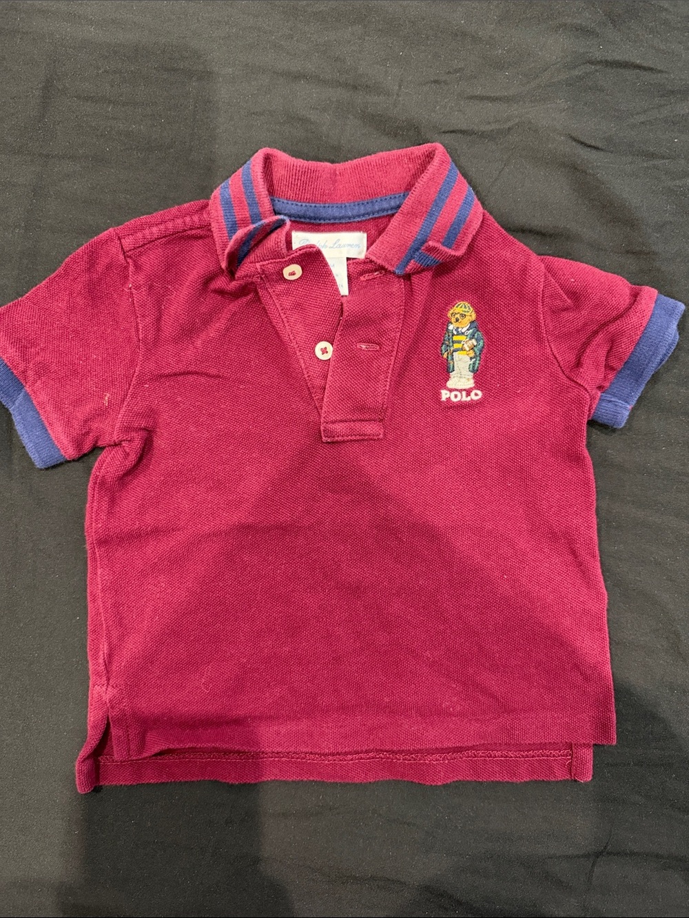 Ralph Lauren Burgundy Polo Bear Short Sleeve Polo with Blue Trim